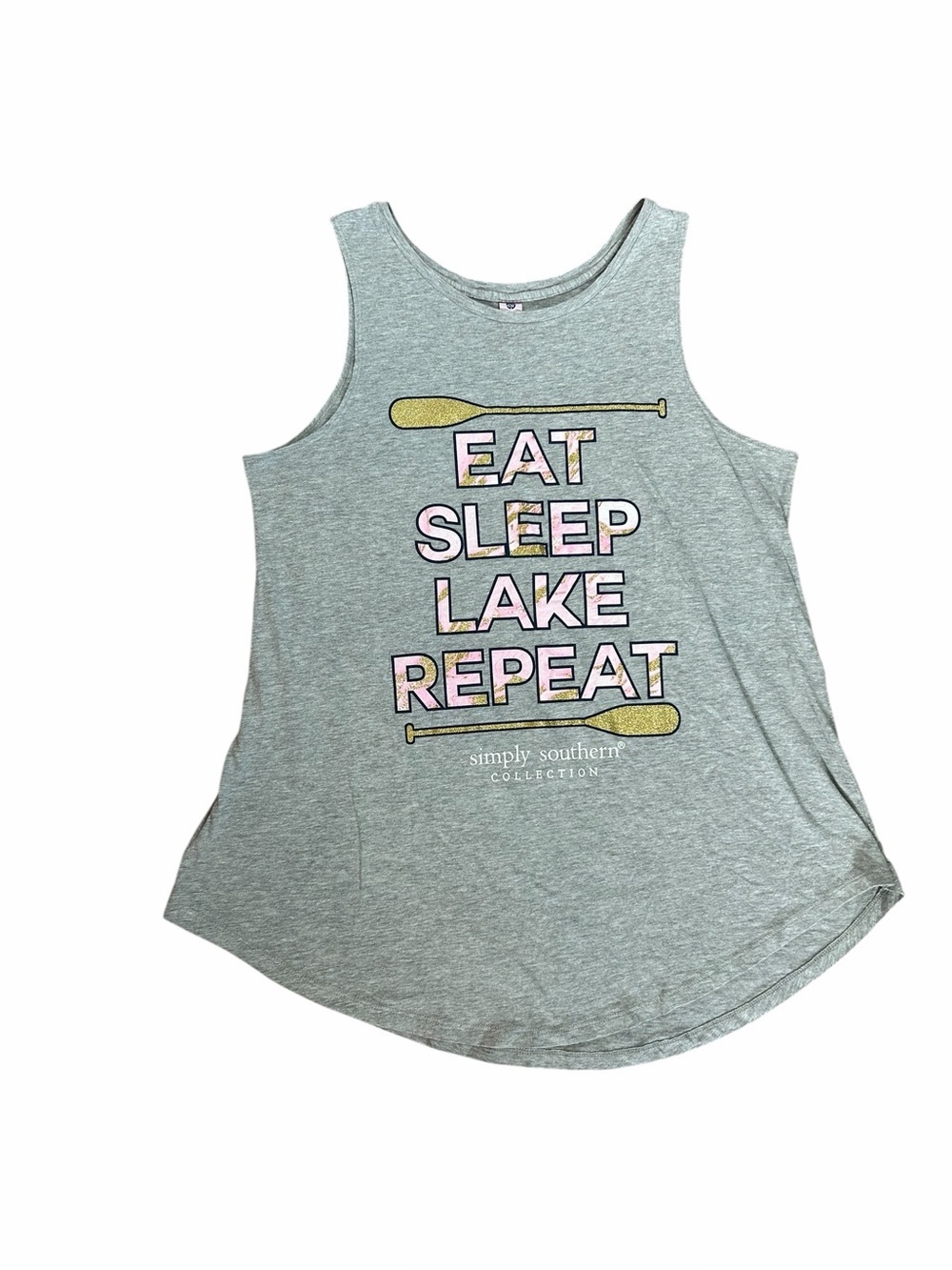 ♥️ Simply Southern Grey Eat Sleep Lake Repeat Sleeveless Tank Women’s Sz Large